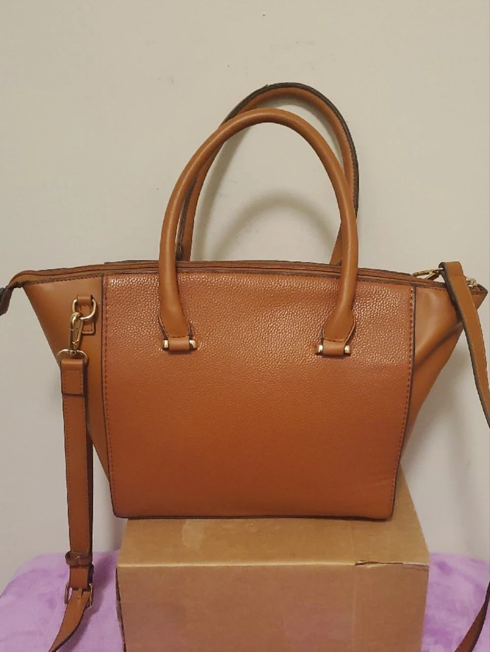 Ellen Tracy Cognac Brown Leather Satchel with Gold Hardware
